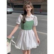 달콤하고 매운 셔츠 스커트 여성 디자인 느낌 소그룹 여름과 한국의 세련된 짧은 스커트 콘돌 벨트 착용 투피스 패션 정장, 화이트 드레스 그린 콘돌 벨트, XL