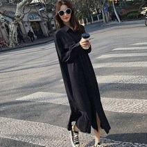 여성 셔츠 원피스 2019 무릎 느슨한 스트레이트 얇은 연꽃 잎 긴 소매 셔츠 드레스 이상 울트라 긴 단락의 봄과 여름 새로운 한국어 버전