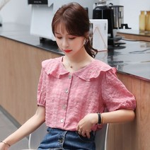 퐁순싸롱 레이스 카라 퍼프 지지미 시원한 흰 셔츠 블라우스 YJ