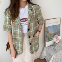 기타브랜드 네쥬 여성 여름 루즈핏 데일리 예쁜 반팔 린넨 체크 자켓