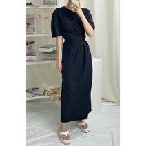 여름 나일론 바스락 라운드넥 랩 허리끈 반팔 맥시 롱원피스 (2color)