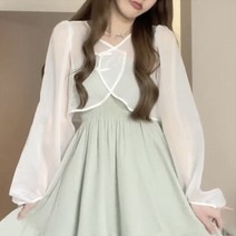 마쓰모토 쇼 상 신 중국식 블라우스 라이트그린 허리보정 슬림핏 주름 끈나시 슬립 롱 소프트스타일 원피스