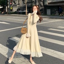 퐁순싸롱 골지 레이스 브이넥 프릴 겨울 롱니트 원피스 YJ