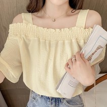 스모크 밴딩 넥라인 오프 숄더 블라우스 여성 셔츠 끈오프 어깨끈 오픈 티셔츠 여신룩 102