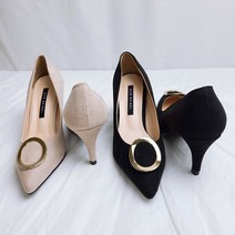 스틸레토 스웨이드 골드 링 포인트 미들 힐 펌프스 7cm 뾰족코 세무 슬림 핏 구두 2color