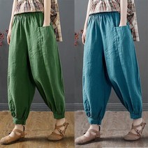 Tagi.봄여름 여성 루즈핏 밴딩 린넨 통바지 9부 와이드팬츠
