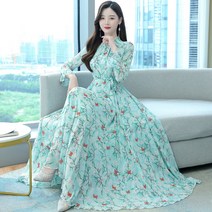 봄 긴팔 쉬폰 차이나 카라 원피스 빅사이즈 슬림 바캉스 롱 비치 치마