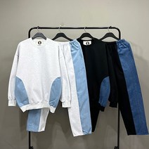 맨스토리 남자 데일리 청배색 맨투맨 스트링 조거 밴딩팬츠 세트