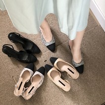 타탄 트위드 배색 슬링백 구두 7cm 굽