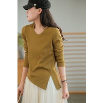 여성티셔츠 빈티지 솔리드 상의 봄가을 면 스판 라운드 긴팔 언발 맨투맨