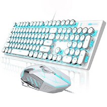 레트로 타자기 키보드 및 마우스 콤보 스위치 귀여운 흰색 풀 사이즈 게임용 작업 Mac PC Windows, 흰색 세트 (빨간색 스위치)