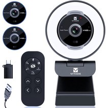 원격 제어 기능이 있는 줌 가능 웹캠 링 라이트 및 마이크가 Vitade 1080P 60FPS 스트리밍 ZoomSkype TeamsPC노트북Mac용 개인 정보 보호, Black
