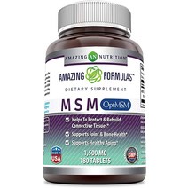 Amazing Formulas OptiMSM Tablet GMO 프리 글루텐 결합 조직 연휴 및 관절기능지원 피부 건강 1500mg 180정, [01] 1개(1팩), [01] 1000mg