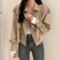 [레티고] 더블 넥 루즈 핏 트렌치 하프 자켓 코트