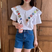 코지 여자 모티브 레인보우 꽃자수 프릴카라 블라우스