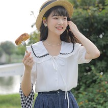 여름 빈티지 스칼라 프렌치 우드 귓가에 숄더 칼라 퍼프 반팔 셔츠