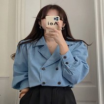 빈티지 캐쥬얼 꾸안꾸 더블 버튼 여성 데님 심플셔츠 여자 코디 아우터 사계절 룩