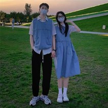커플 룩 투피스 세트 2022여름 고급 데님 멜빵 원피스 남자 블라우스 조끼 FC2101