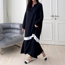 브리스살롱 (bs2547) 가을 데일리룩 루즈핏 배색라인 롱 플레어 원피스 여성빅사이즈원피스