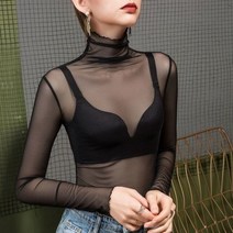 하이넥 블라우스 터틀넥 셔츠 여성 메쉬 넥 레이스 원사