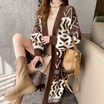 유니크패턴 브라운색 외투형 오버핏 코트형 여자 롱 롱가디건 간절기용 패셔너블 30대