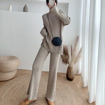 가을 겨울 니트 세트 라운드 상의 와이드 팬츠 투피스 베이지 블루