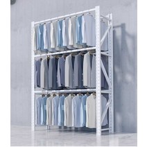 세탁소 행거 옷 창고 선반 진열대 대형 헹거 옷걸이, 흰색 원형 튜브 200x60x200 2단