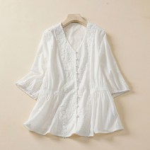 여자 펀칭블라우스 레이스 자수 벌룬 아일렛 브라우스 예쁜 빅사이즈 반팔 셔링 쉬폰 빅카라 셔츠