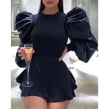 여성 블라우스 패션 터틀 넥 골지 셔츠 탑스 티셔츠 퍼프 메쉬 슬리브 슬림 피트 점퍼 풀오버