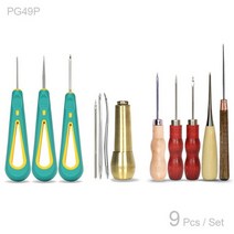 가죽 공예 도구 세트 펀칭 치즐 외 외 수리용 송곳 신발 재봉 구두 수선공 DIY 직선 곡선 및 구멍 후크 바늘 보드킨 Bradawl 피어서 찌르기 송곳, 조합 9Pcs