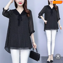 L~5XL 빅사이즈 여성 도트무늬 케이프 카라 리본 소공녀 스타일 러블리 7부 소매 블라우스 E0287