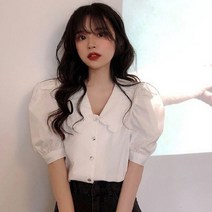 자수 블라우스 Hikigawa Vintage Ladies Tops 여성 의류 피터팬 칼라 퍼프 슬리브 셔츠 Korean Elegant Blusas De Mujer