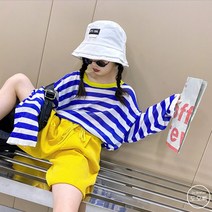 도오빠 아동 주니어 여름 티셔츠 비치룩 햇빛차단티셔츠 엄마랑딸이랑 여아용 초등학생 호캉스 휴가 긴팔 스트라이프 여름 시원한
