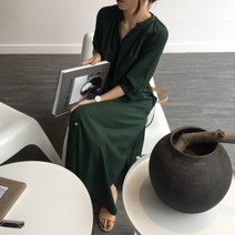안녕릴리 여성 싱글 버튼 끈 롱원피스 1070051RD