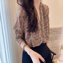 WHR 쉬폰 블라우스 여성용 브이넥 플라워패턴 남방셔츠 빅사이즈 봄가을 오피스룩
