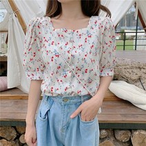 스퀘어 콩단추 플라워 퍼프 여름 반팔 블라우스