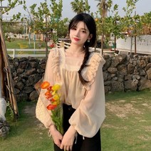 퐁순싸롱 예쁜 루즈핏 여름 레이스 프릴 핑크 쉬폰 블라우스 SH
