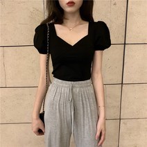Ogfaour 퍼프소매 브이넥 여성티 버블소매 타이트한 티셔츠