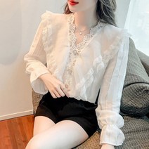 디아르 여성 봄 가을 빅사이즈 오피스룩 데이트룩 샤랄라한 레이스 브이넥 쉬폰 블라우스