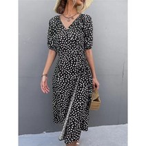 땡땡이 도트 쉬폰 원피스 캐주얼 여성 브이넥 사이드 랩 미디 퍼프소매 절개