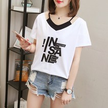 스타일아유 여성 여름 프린팅 어깨 트임 솔리드 면 반팔 오프숄더 면티