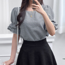 하젤 포레버 체크 캉캉 반팔 블라우스_M2020