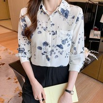수묵 날염 셔츠 여 긴팔 봄여름 칼라 프린트 셔츠 통근 블라우스 얇은 상의