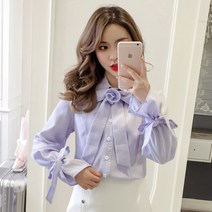 가을체크셔츠 스타일리쉬 리본 묶음 있음 긴 소매 와이셔츠 달다 미 체크남방 여성 637954561
