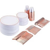 Vplus 370551 600 카운트 로즈 골드 식기 세트200 플라스틱 접시로즈골드 은식기 300세트골드 컵 100개파티나 결혼식 일회용 세트하객 100명, Vplus Rose Gold