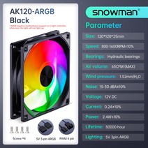 스노우맨 PC 케이스 선풍기 저소음 120mm RGB PWM 4 핀 컴퓨터 냉각 팬 무소음 12cm 환풍기 CPU 쿨러 5V 3 ARGB, [03] AK120-Black-ARGB, [01] PWM 4 Pin, [09] 9 Fan