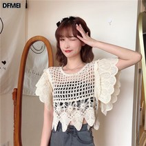 홍콩풍 빈티지 펀칭 블라우스 여름 니트 나시 여 숏 프릴 상의 코디