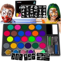 Fansarriche 어린이용 페이스 페인팅 키트 스텐실이 포함된 24색 워셔블 글리터 4개 프로페셔널 바디 페이스 페인트 -미국직송