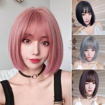 보브컷 단발 가발 단발머리 앞머리 풀뱅 똑단발 커트 옆머리 앞머리 통가발 언발 백금발, 핑크