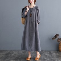 수출함 잔품명세서 전문점 궤짝을 치우다 여성 룩 린넨 체크 길이 소매 원피스 단아한 무드 빅사이즈 가을옷